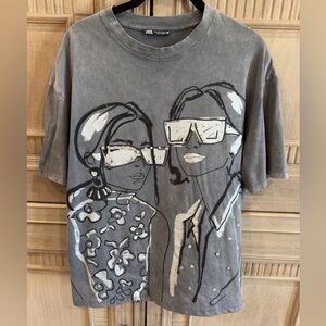 Zara Charcoal T-Shirt with Artistic Faces